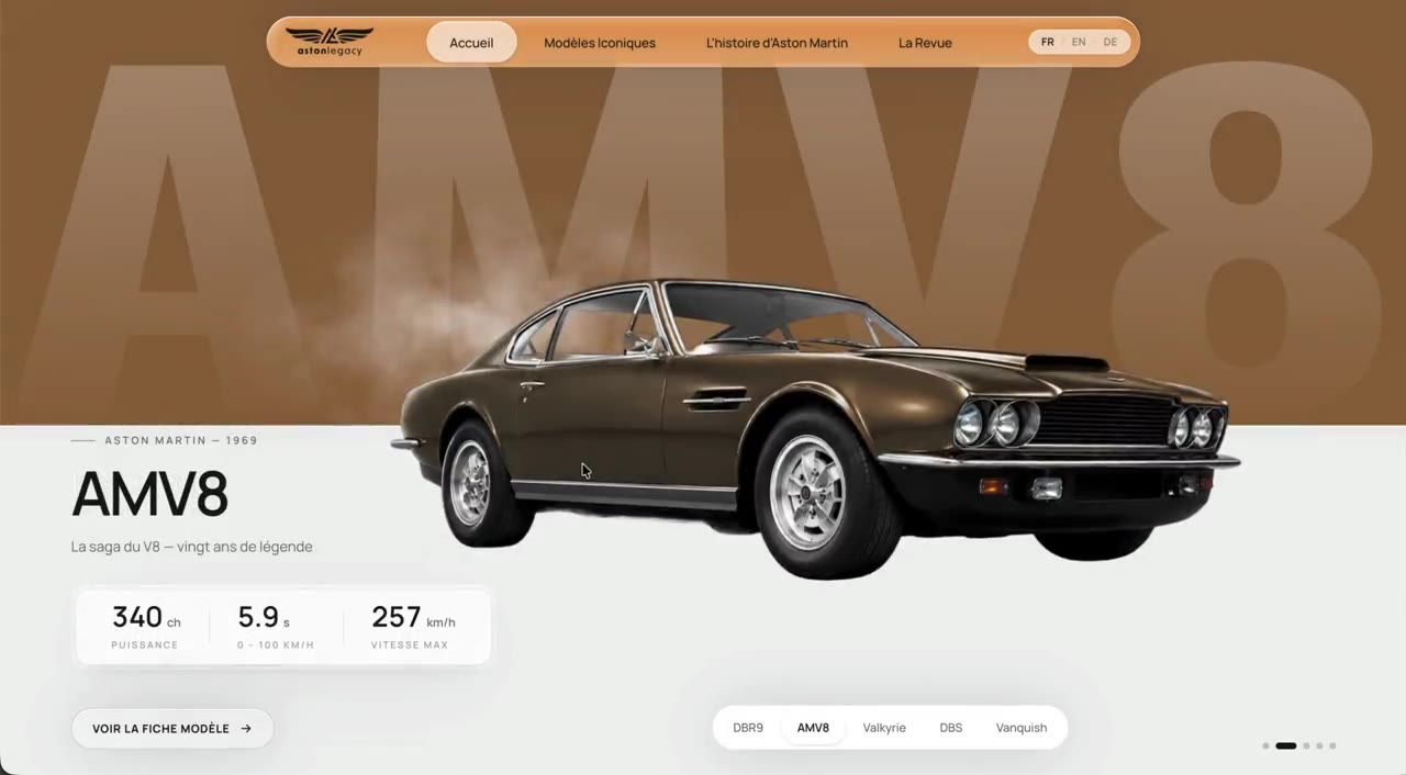 L’accueil d’AstonLegacy : l’AMV8 en grand, ses trois chiffres, les modèles en onglets