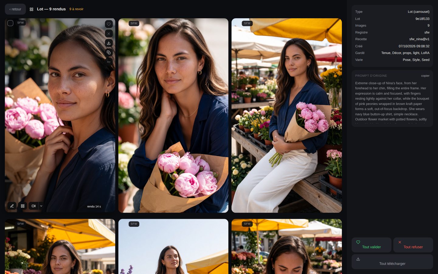 Un lot de carrousel : neuf images du même marché aux fleurs, du gros plan au plan large
