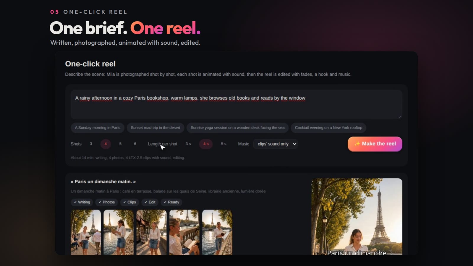 Le Reel en un clic : le brief, les plans de la séance et la première image du reel