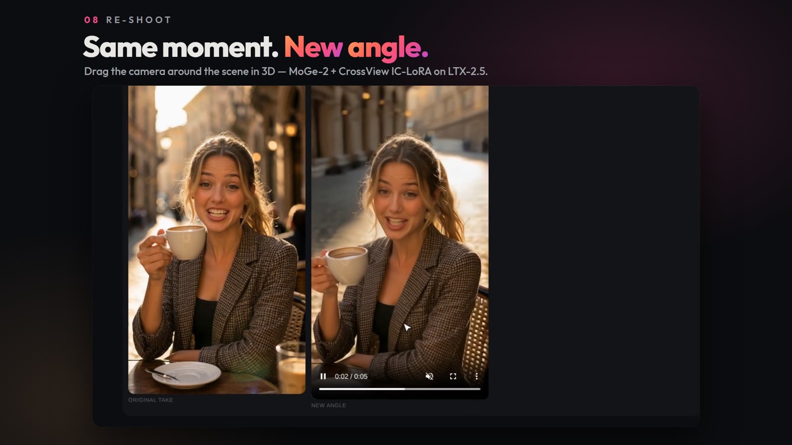 Le Re-shoot : à gauche le plan d’origine, à droite le même instant vu par une seconde caméra