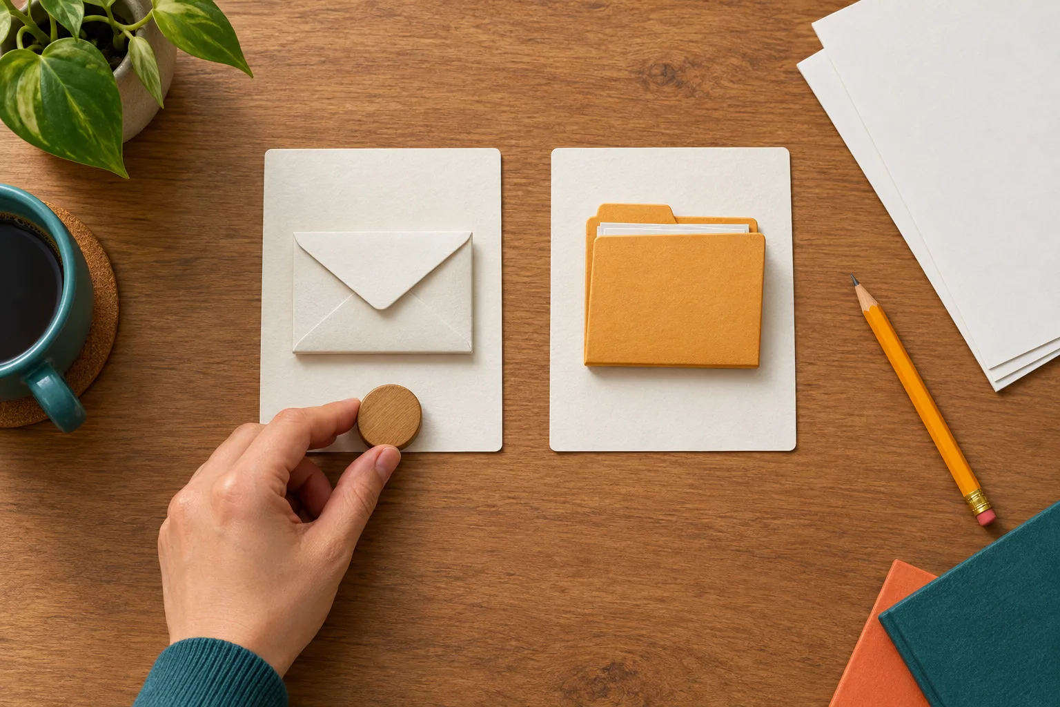 Deux tâches sont représentées sur un bureau ; une main sélectionne celle qui servira de premier essai.