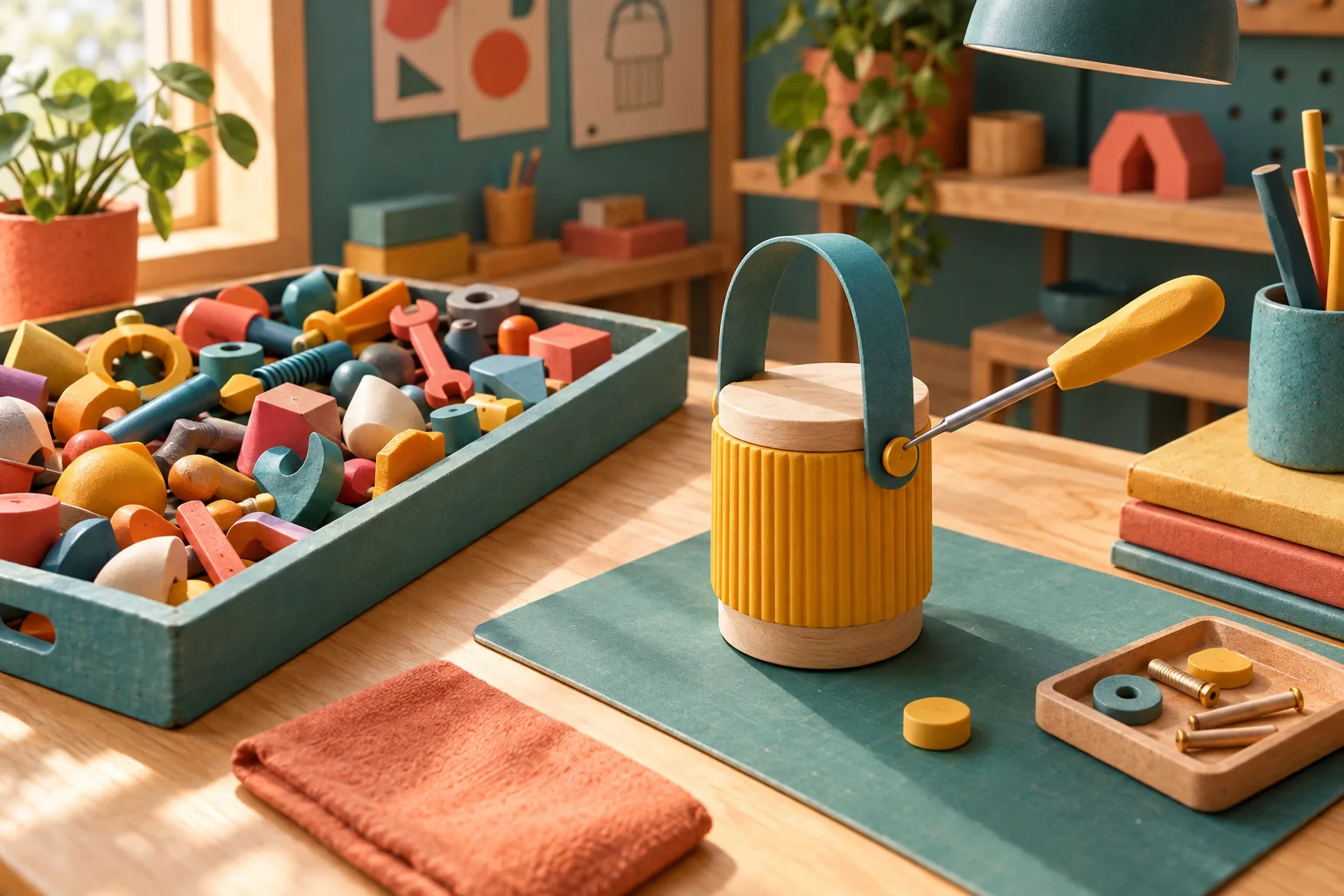 Sur un bureau de petite entreprise, un outil choisi sert à réaliser une tâche, à côté d’un plateau d’outils inutilisés.