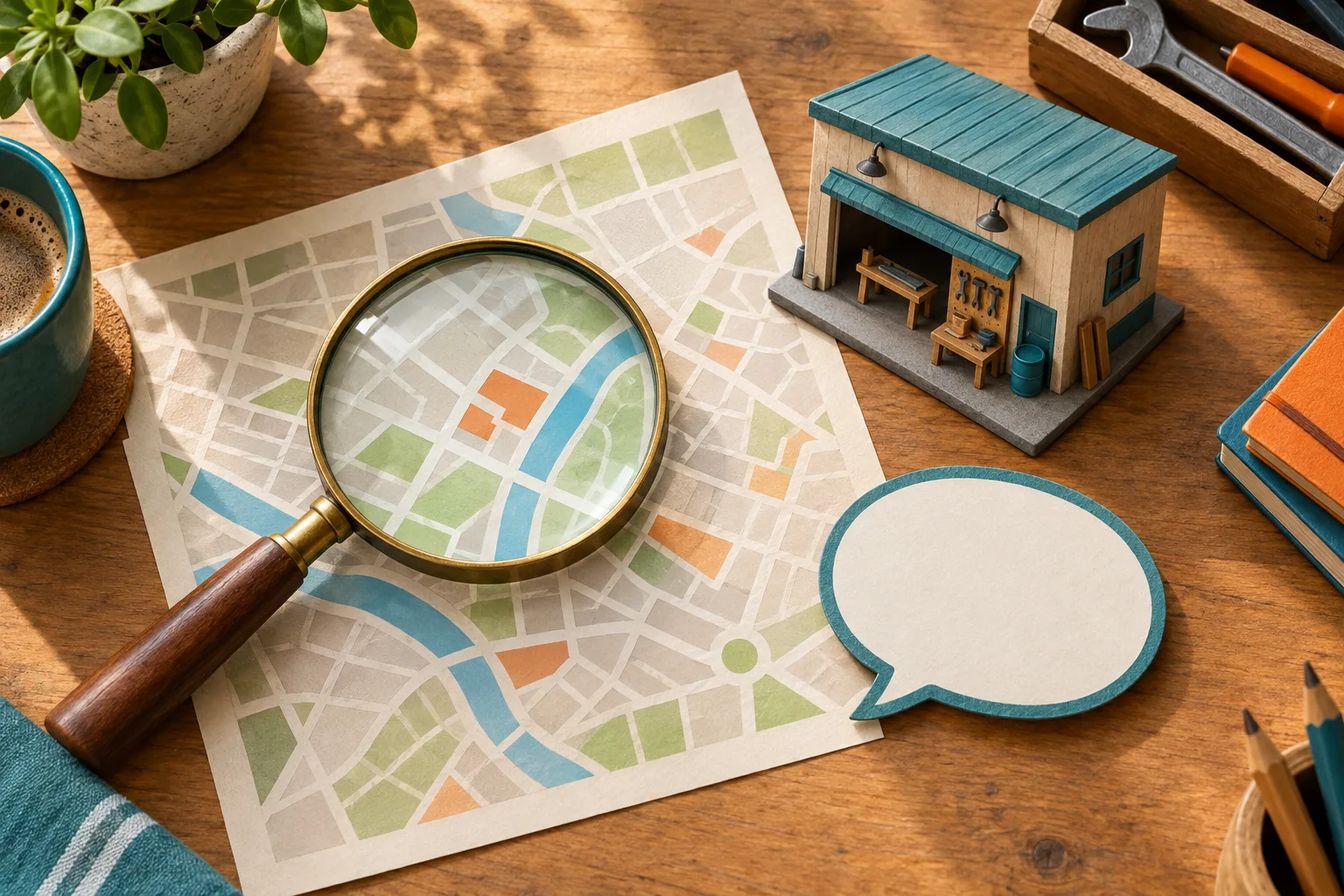 Une loupe sur un plan de quartier, près d’un petit atelier et d’une bulle de conversation vide.