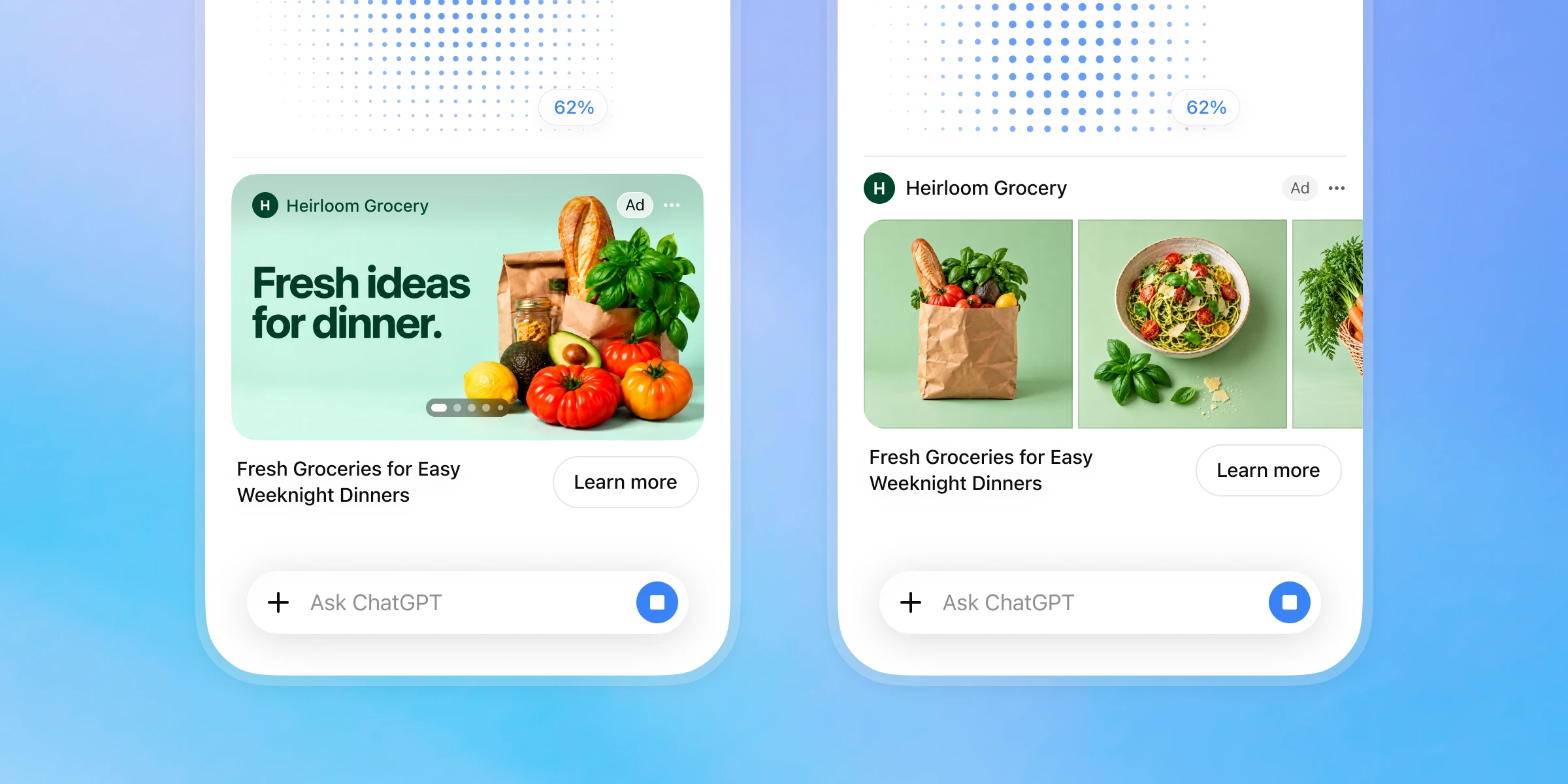 Deux écrans mobiles de ChatGPT montrent des publicités visuelles Heirloom Grocery, avec des photos de produits et des boutons « En savoir plus », pendant la génération d’une image.