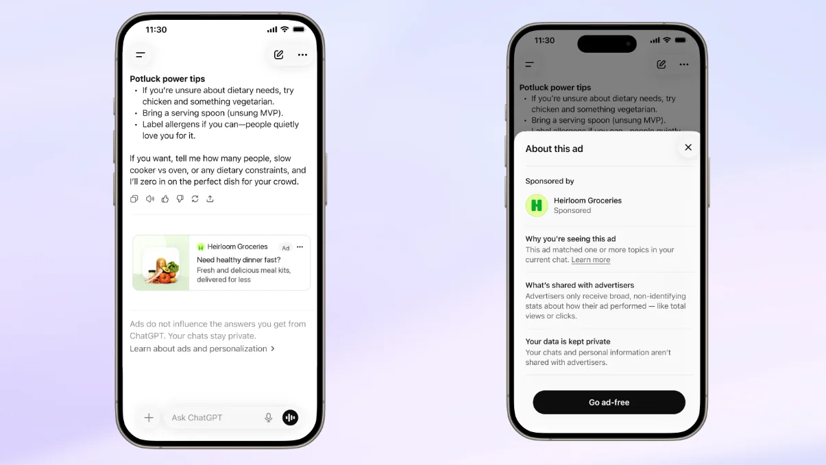 Visuel de la page d’aide d’OpenAI consacrée à la publicité dans ChatGPT.