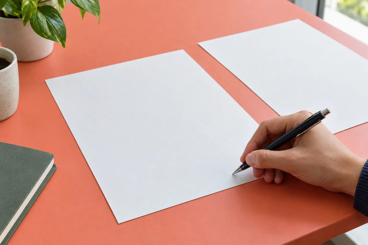 Une main tient un stylo au-dessus d’une page vierge, pour illustrer la validation d’un texte avant publication.
