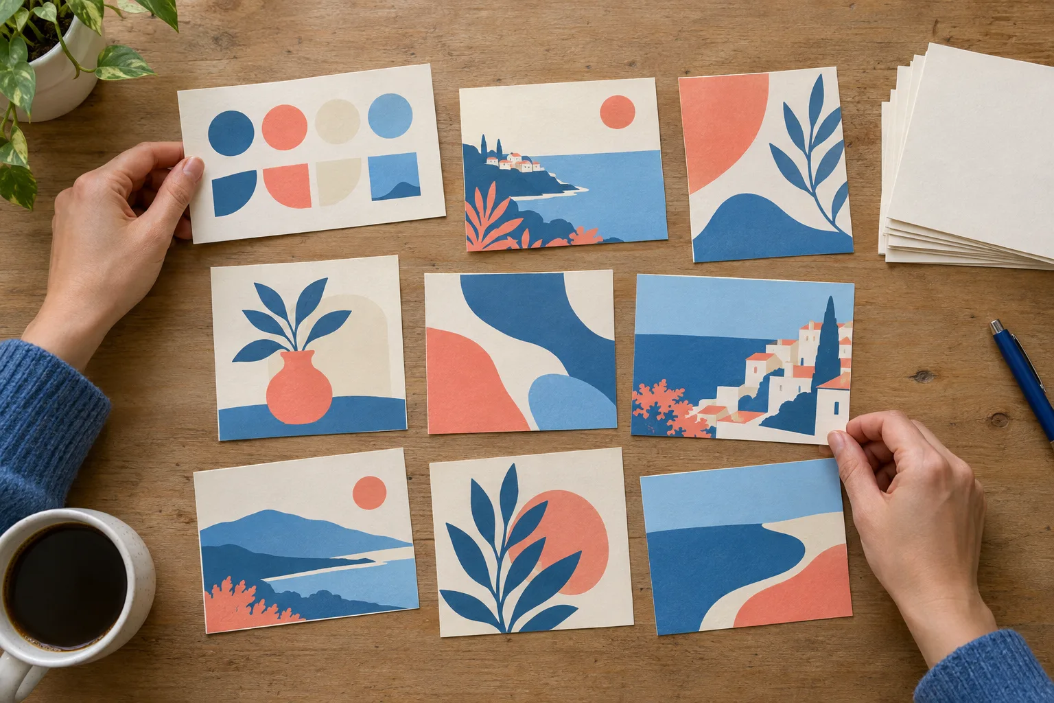 Deux mains organisent des cartes de présentation autour d’un modèle visuel aux couleurs cohérentes.