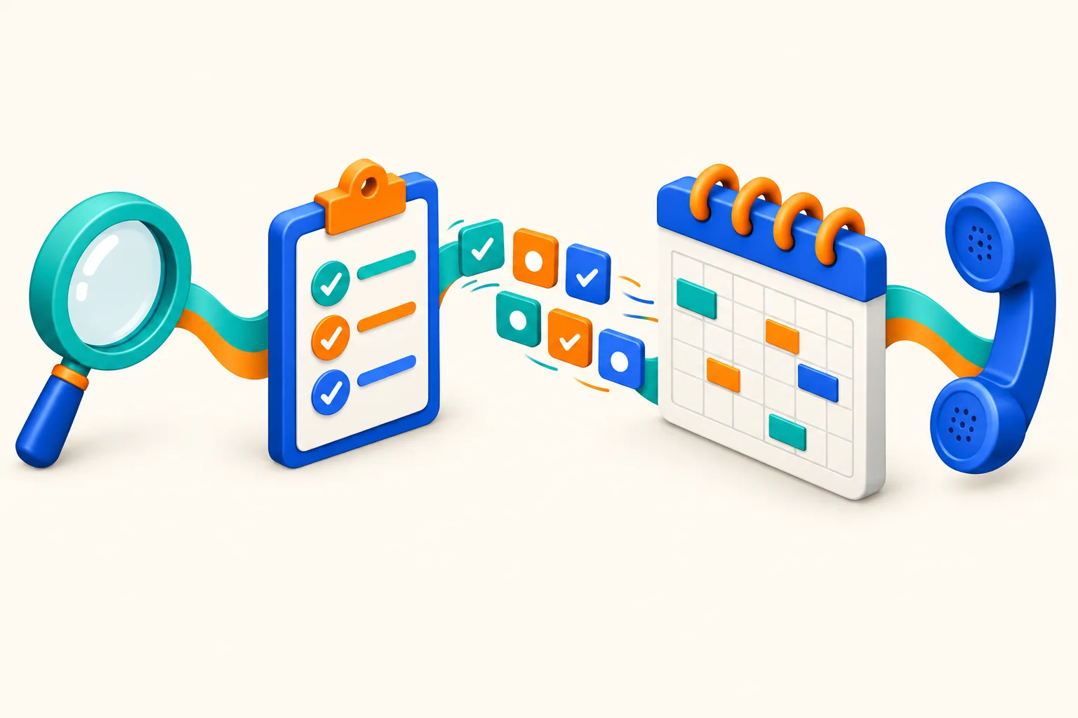 Une loupe, une liste, un calendrier et un téléphone reliés pour représenter le passage du diagnostic à l’organisation des actions.