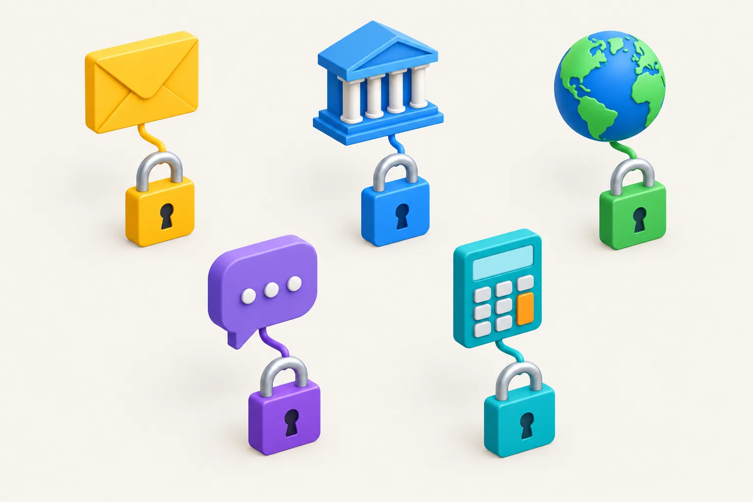 Cinq cadenas associés à une enveloppe, une banque, un globe, une bulle de discussion et une calculatrice.