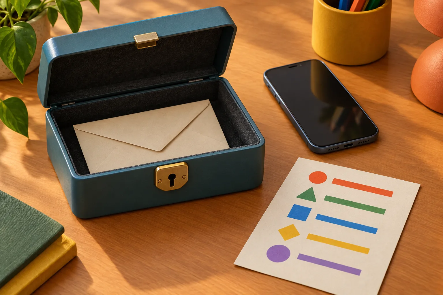 Une enveloppe rangée dans une boîte à serrure, séparée du téléphone utilisé pour les connexions.