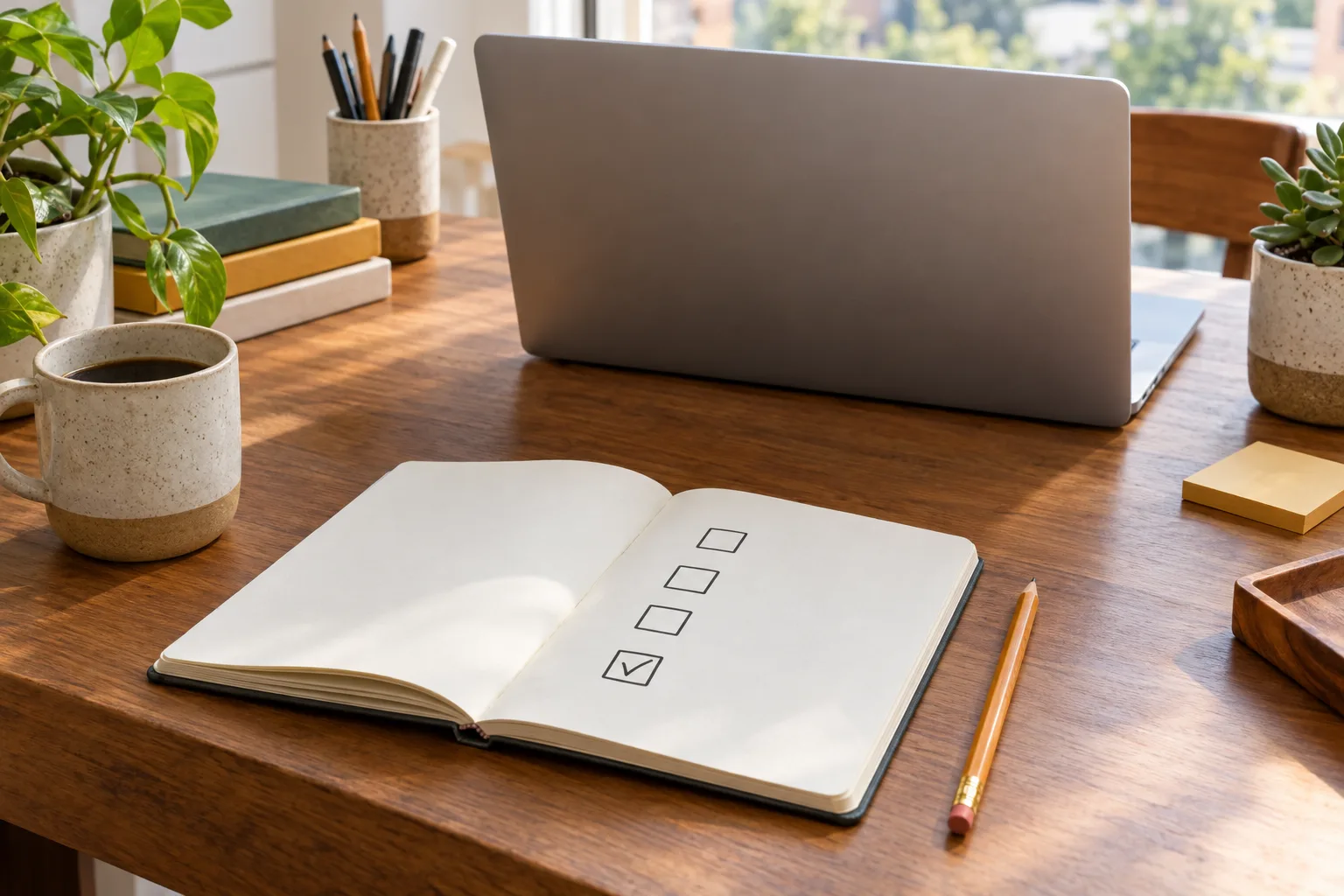 Sur un bureau, un carnet présente des cases dont une cochée, à côté d'un crayon et d'un ordinateur.