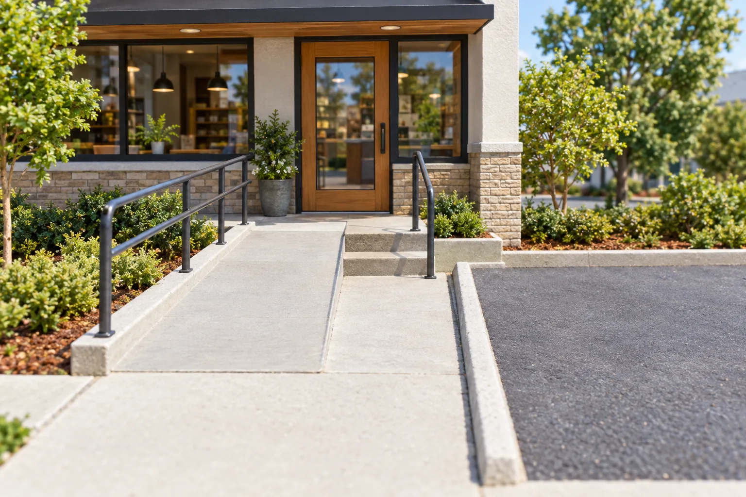 Vue miniature d’une entrée de commerce avec une marche, une rampe et un espace de stationnement à proximité.