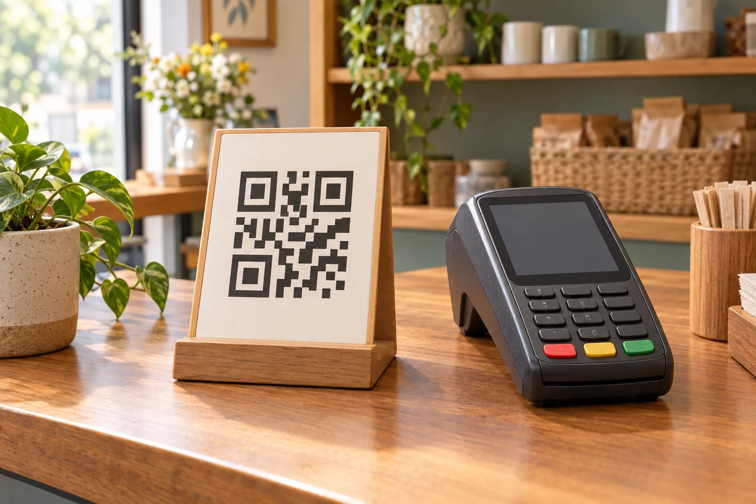 Support de comptoir portant un motif évoquant un QR code, à côté d’un terminal de paiement sans marque.