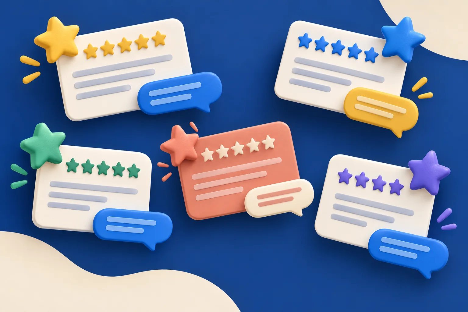 Cartes d’avis et bulles de réponse illustrant un traitement attentif des retours positifs comme négatifs.