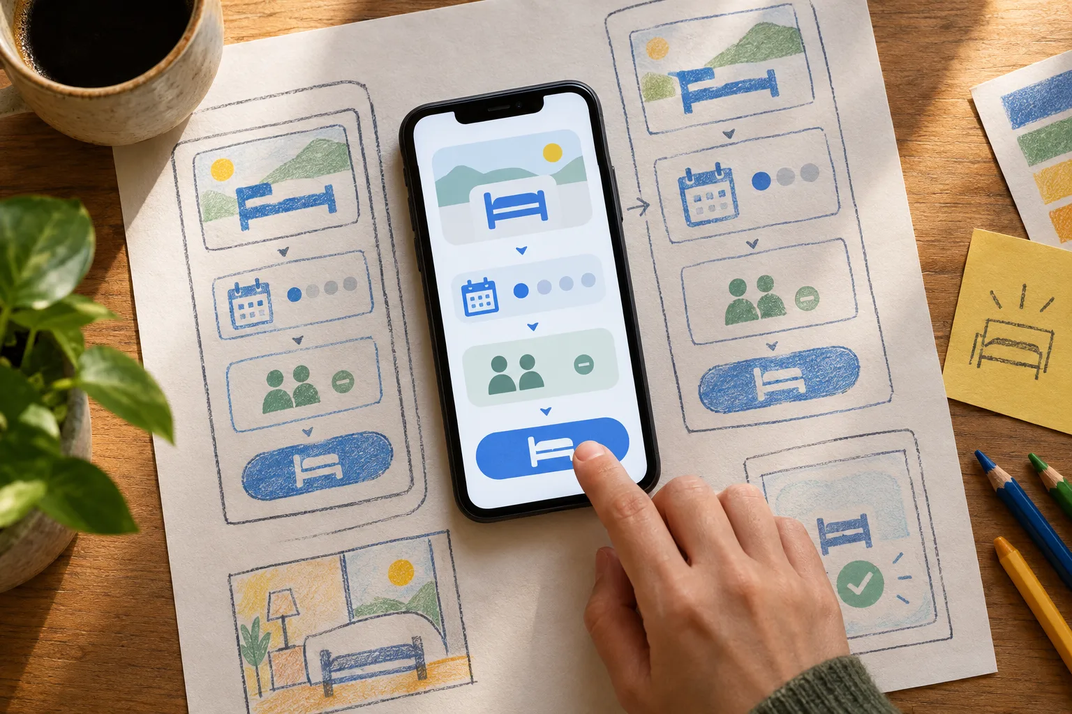 Une main essaie un parcours de réservation sur un téléphone posé sur des croquis d’interface.