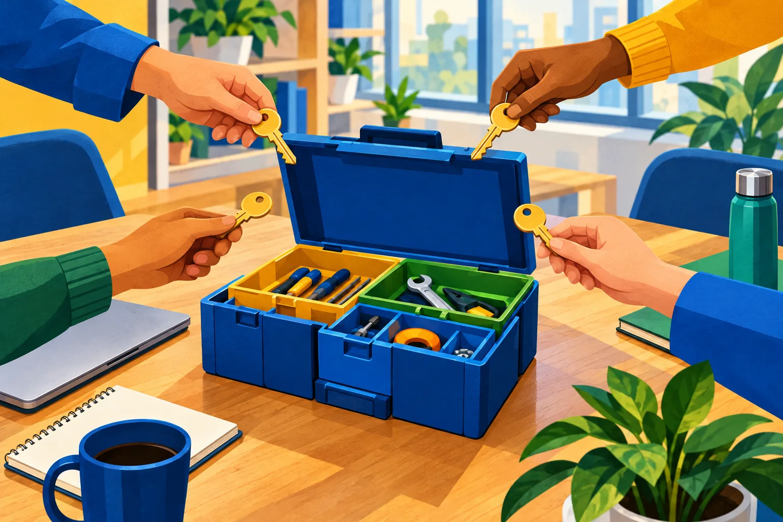 Plusieurs mains reçoivent les clés d’une boîte à outils commune, pour illustrer le partage de l’assistant avec l’équipe.