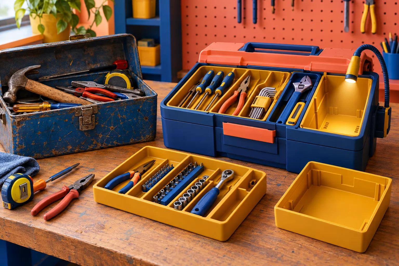 Des outils colorés passent d’une boîte classique à une boîte modulaire, avec un compartiment encore à contrôler.