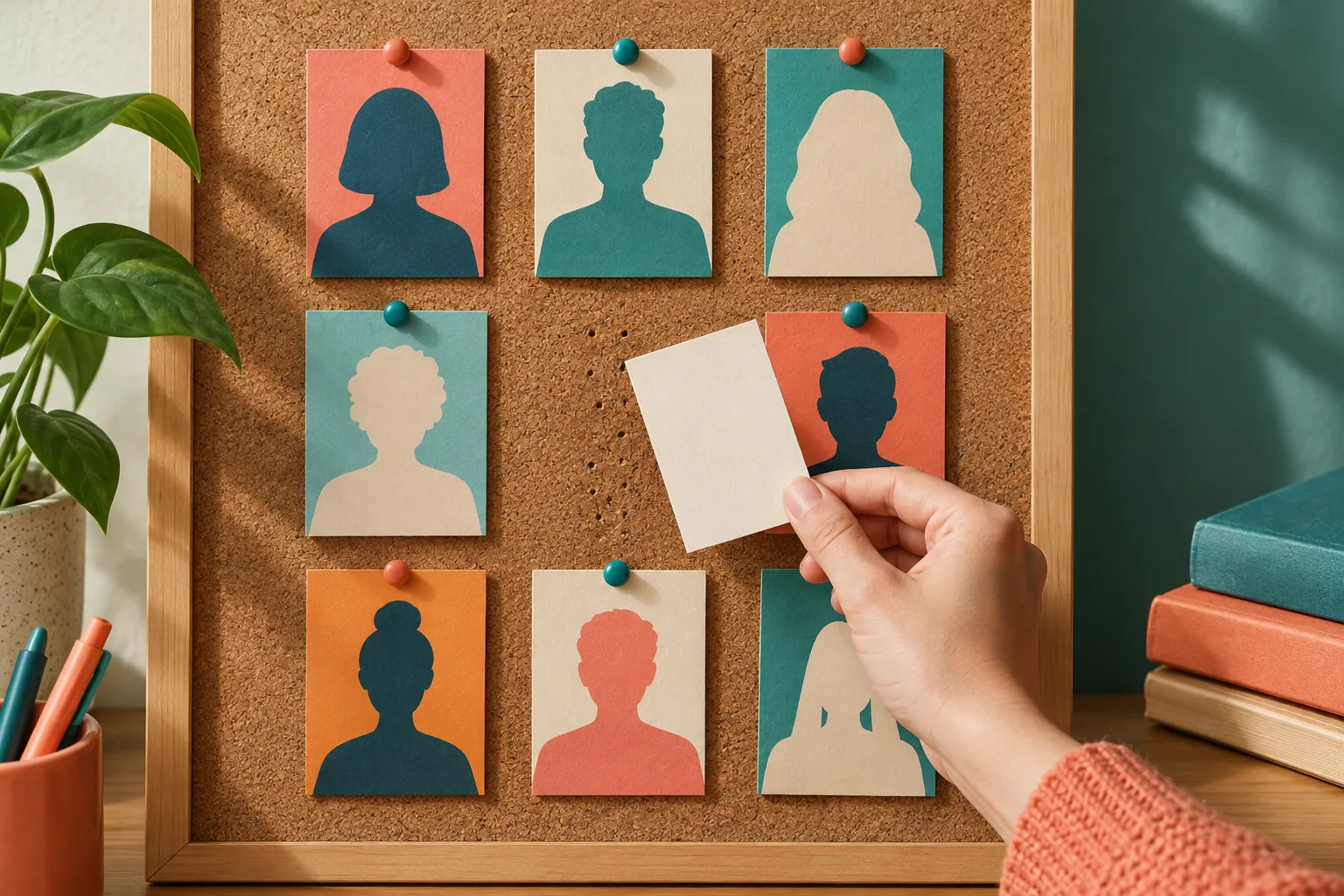 Une main retire d’un tableau de liège une carte représentant une silhouette anonyme.