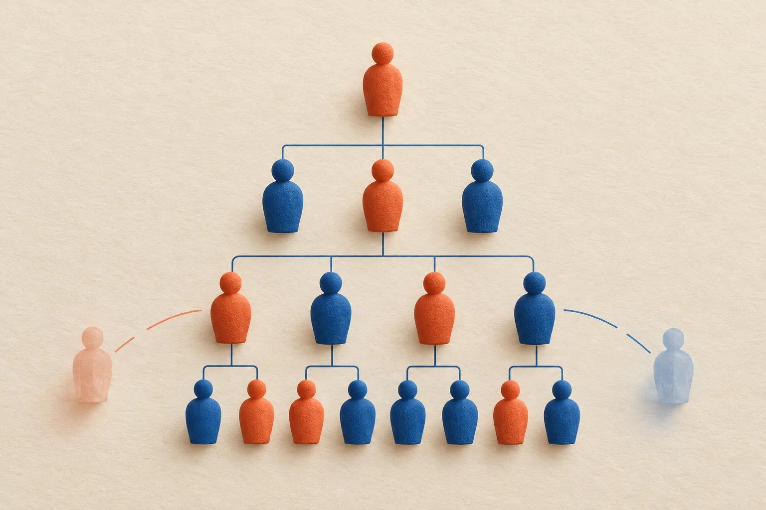 Organigramme coloré d’une petite équipe, avec deux silhouettes transparentes dont les liens se détachent.