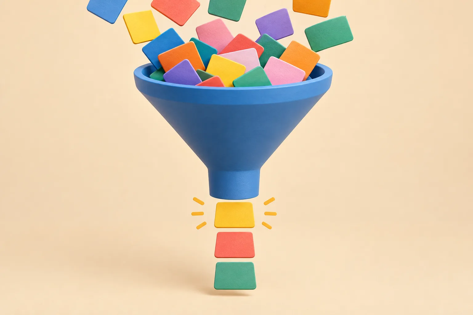 Un entonnoir reçoit de nombreuses cartes colorées et laisse ressortir trois cartes, pour illustrer la sélection des tâches.