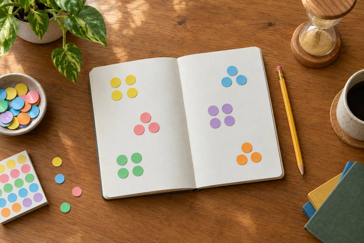 Un carnet ouvert, des pastilles colorées, un crayon et un sablier sur un bureau.